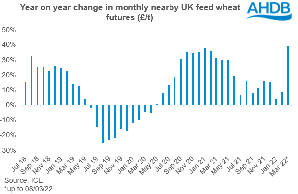 Graph showing year on year change in monthly nearby UK feed wheat futures (£/t)